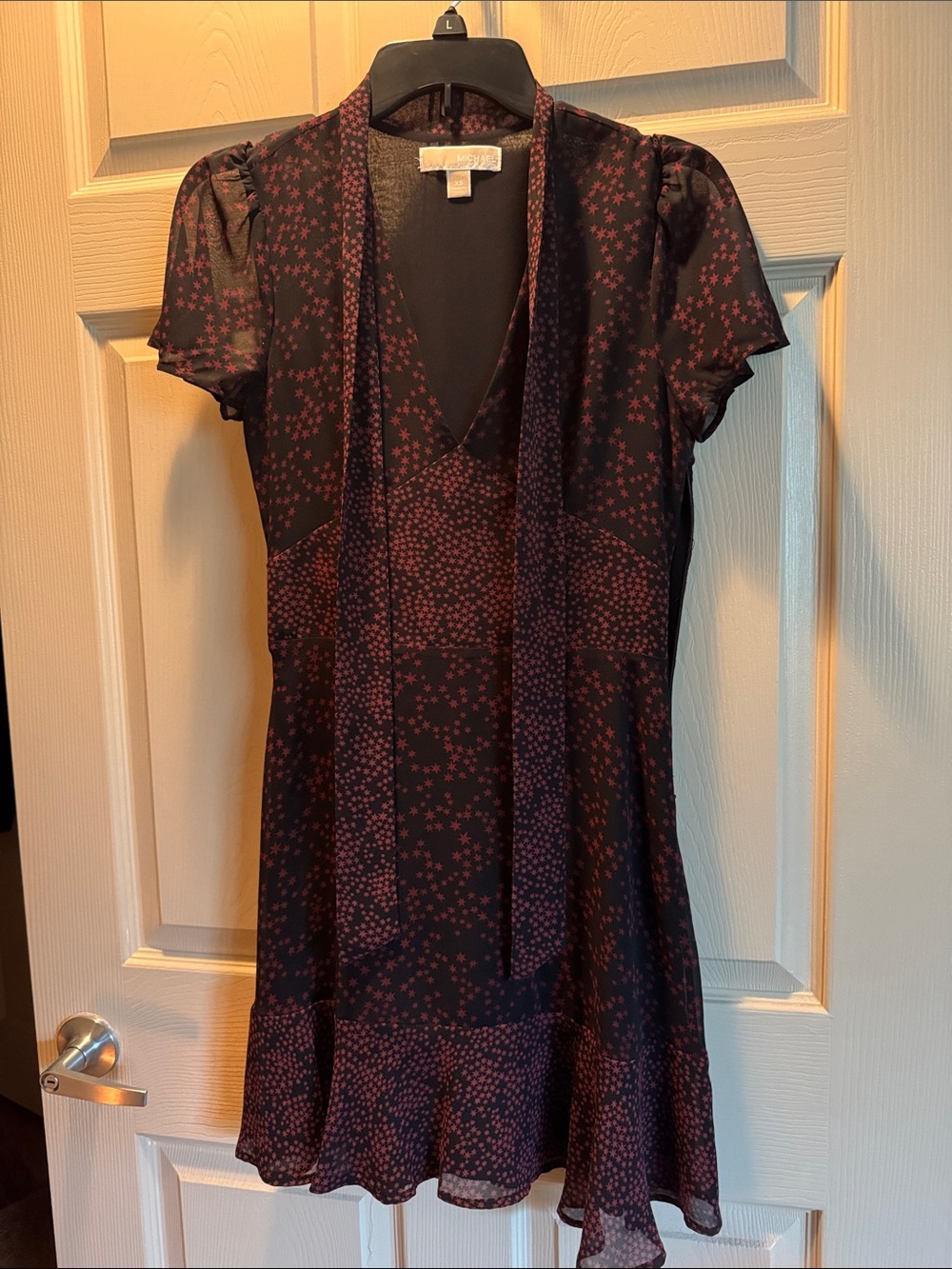 Michael Kors Black Dress with Burgundy Star Print and Tie Neck size XS